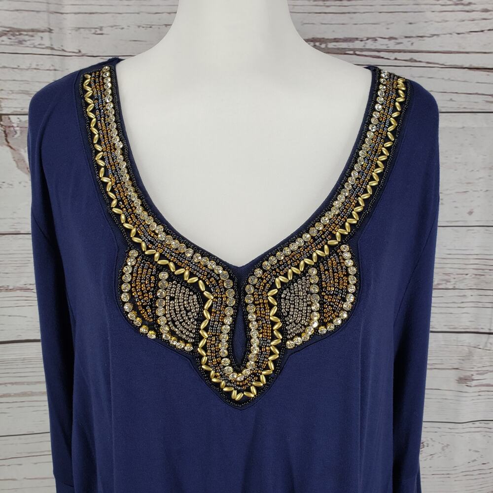 ROAMAN'S Women's Navy Blue Beaded Front Bell Sleeve Top Blouse Size 1X - Picture 3 of 12